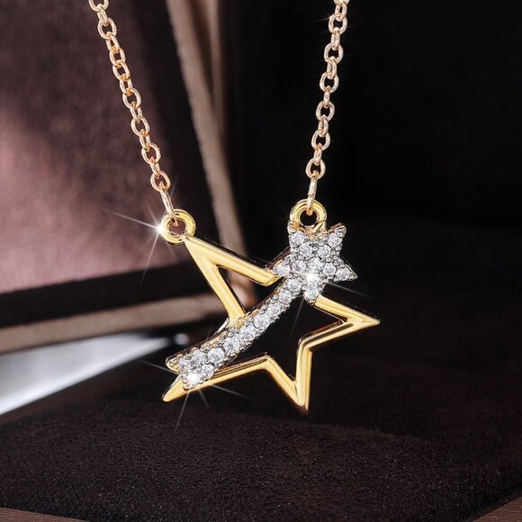 🌸Crystal Clear Micro Pave Hollow 14K Gold Plated Star Pendant Necklace,MARR9009 - Picture 1 of 4